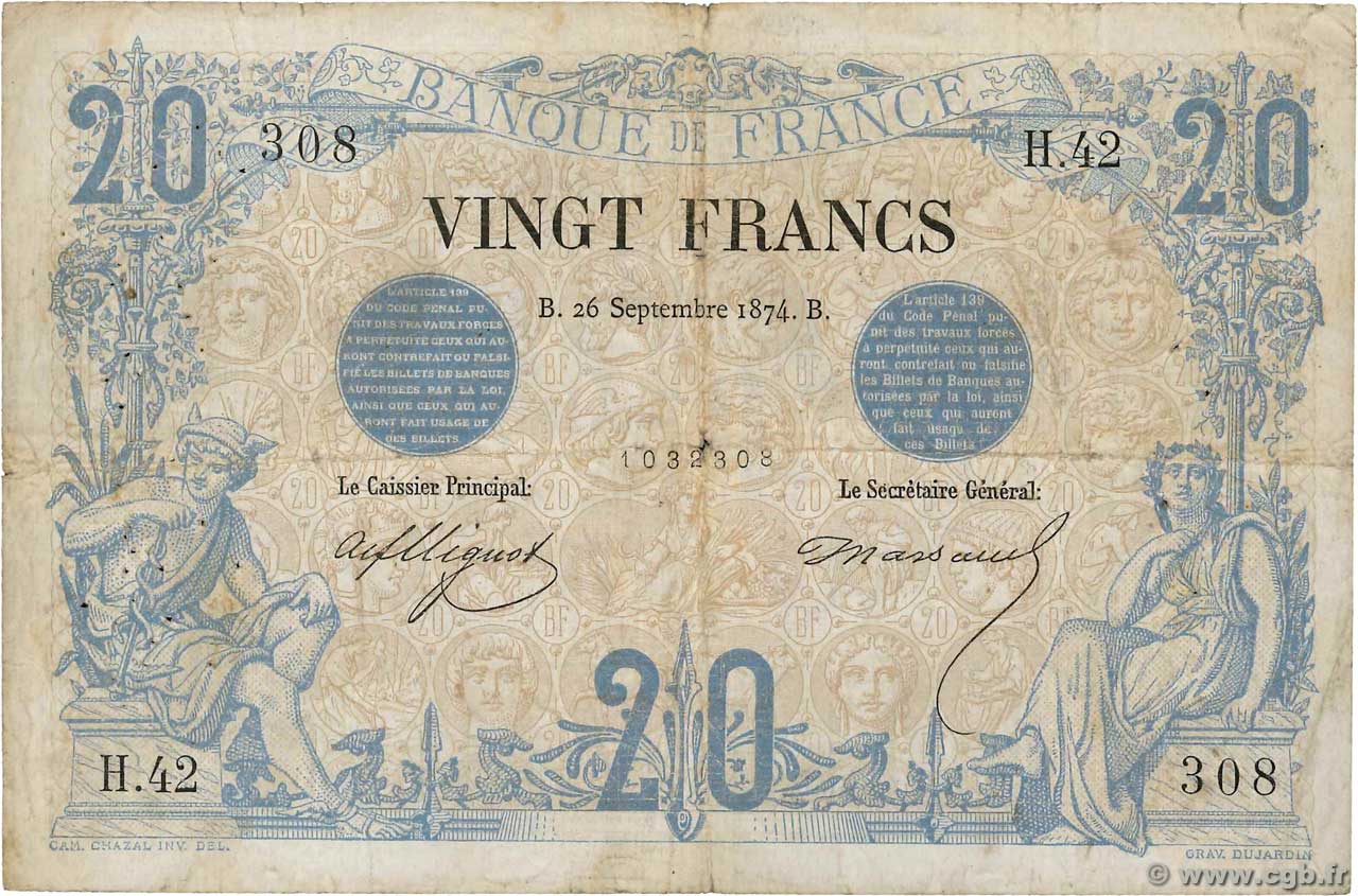 20 Francs NOIR FRANKREICH  1874 F.09.01 SGE