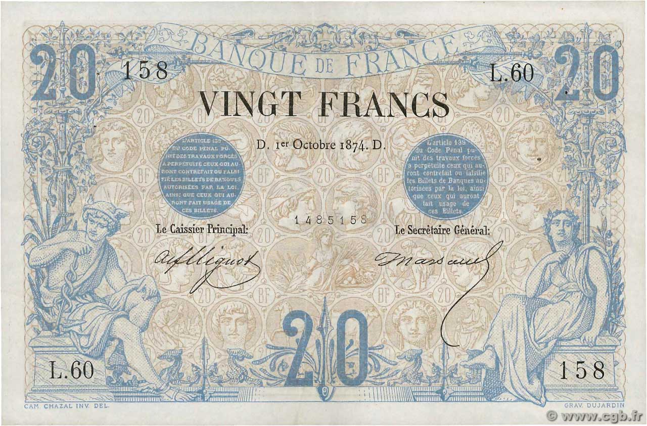 20 Francs NOIR FRANCE  1874 F.09.01 XF-