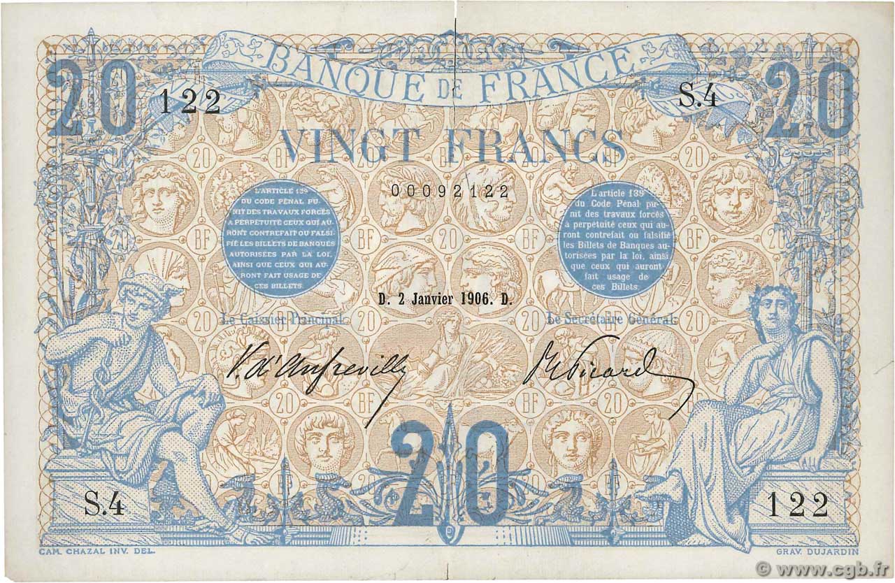 20 Francs BLEU Petit numéro FRANKREICH  1906 F.10.01 fVZ
