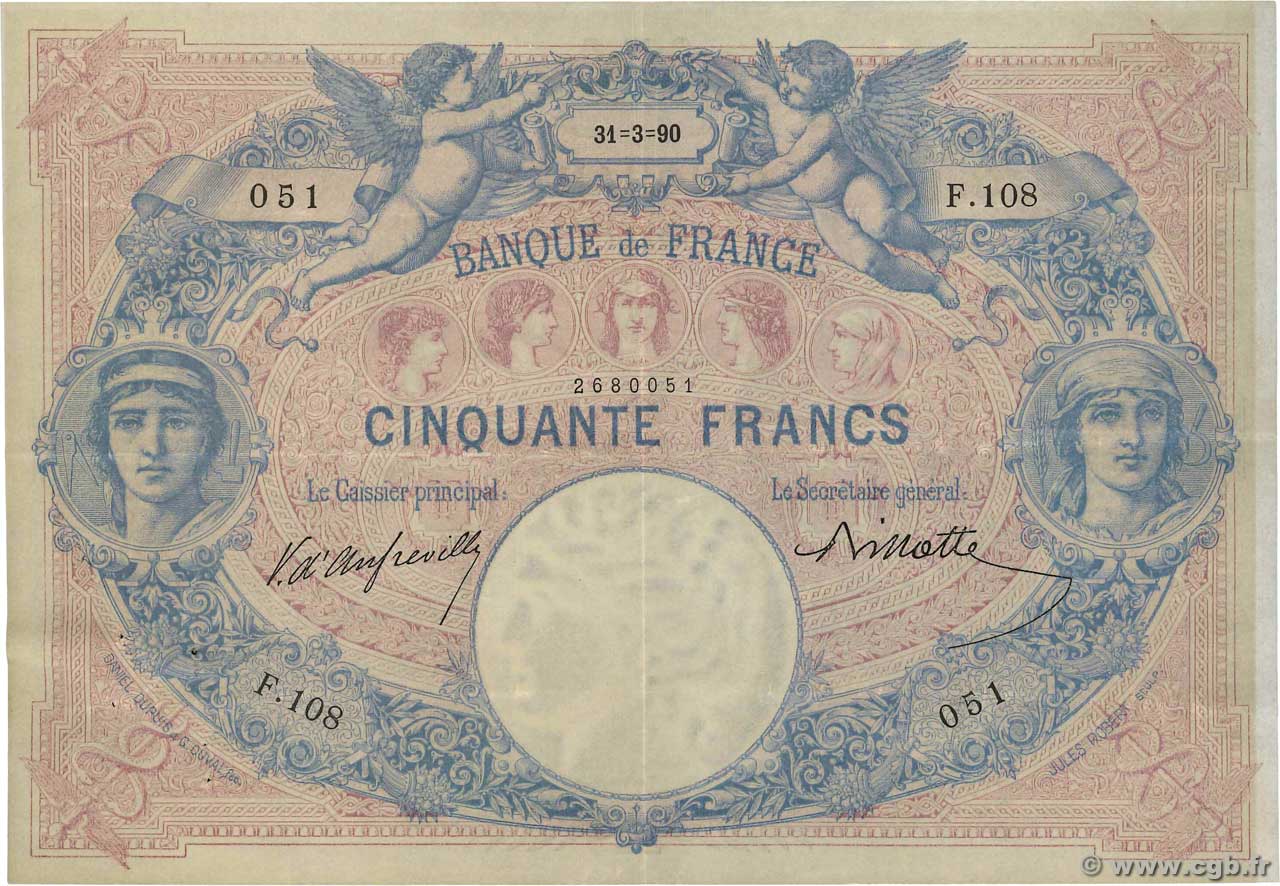 50 Francs BLEU ET ROSE FRANCIA  1890 F.14.02 q.SPL