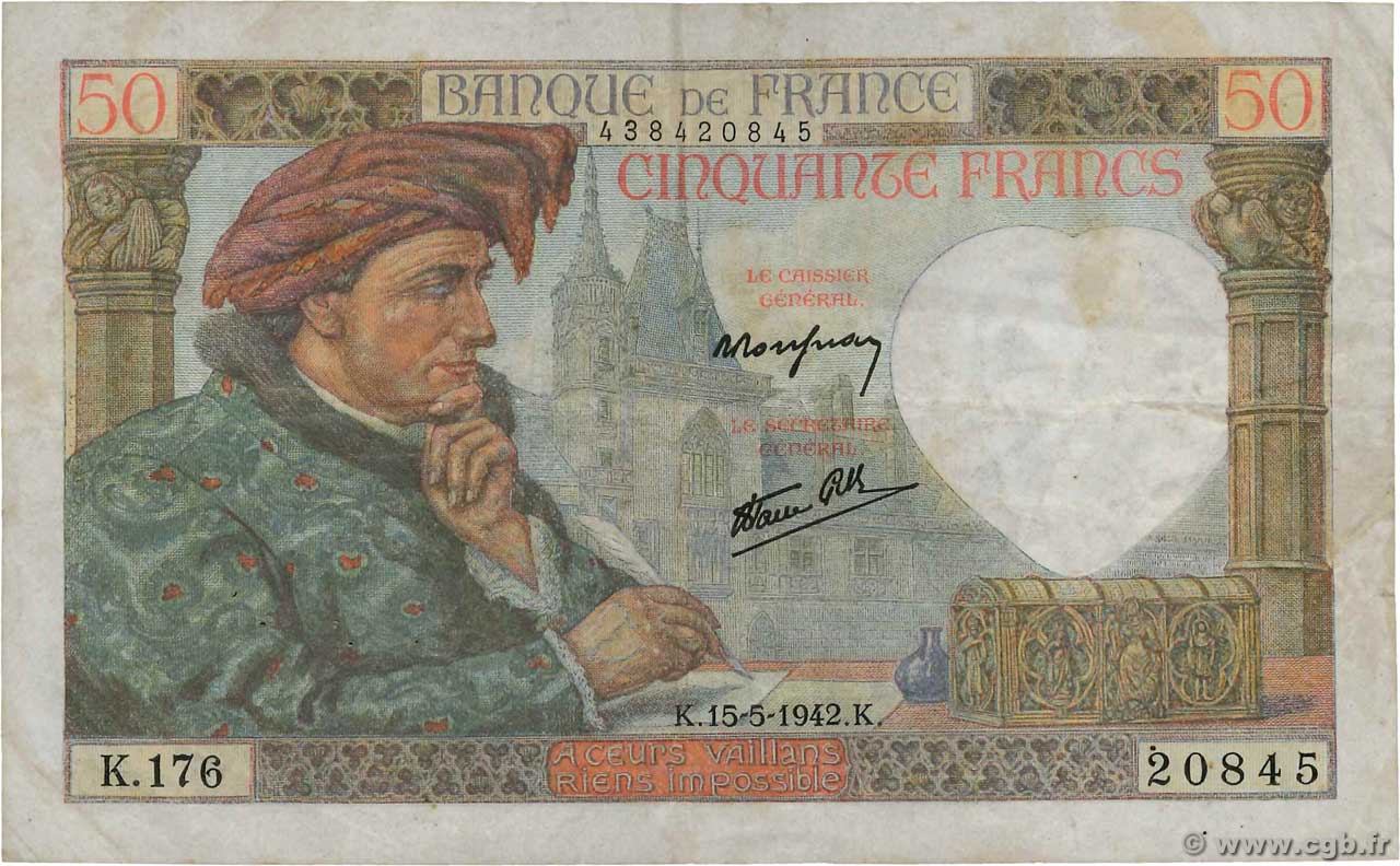 50 Francs JACQUES CŒUR Grand numéro FRANCIA  1942 F.19.20 BC+
