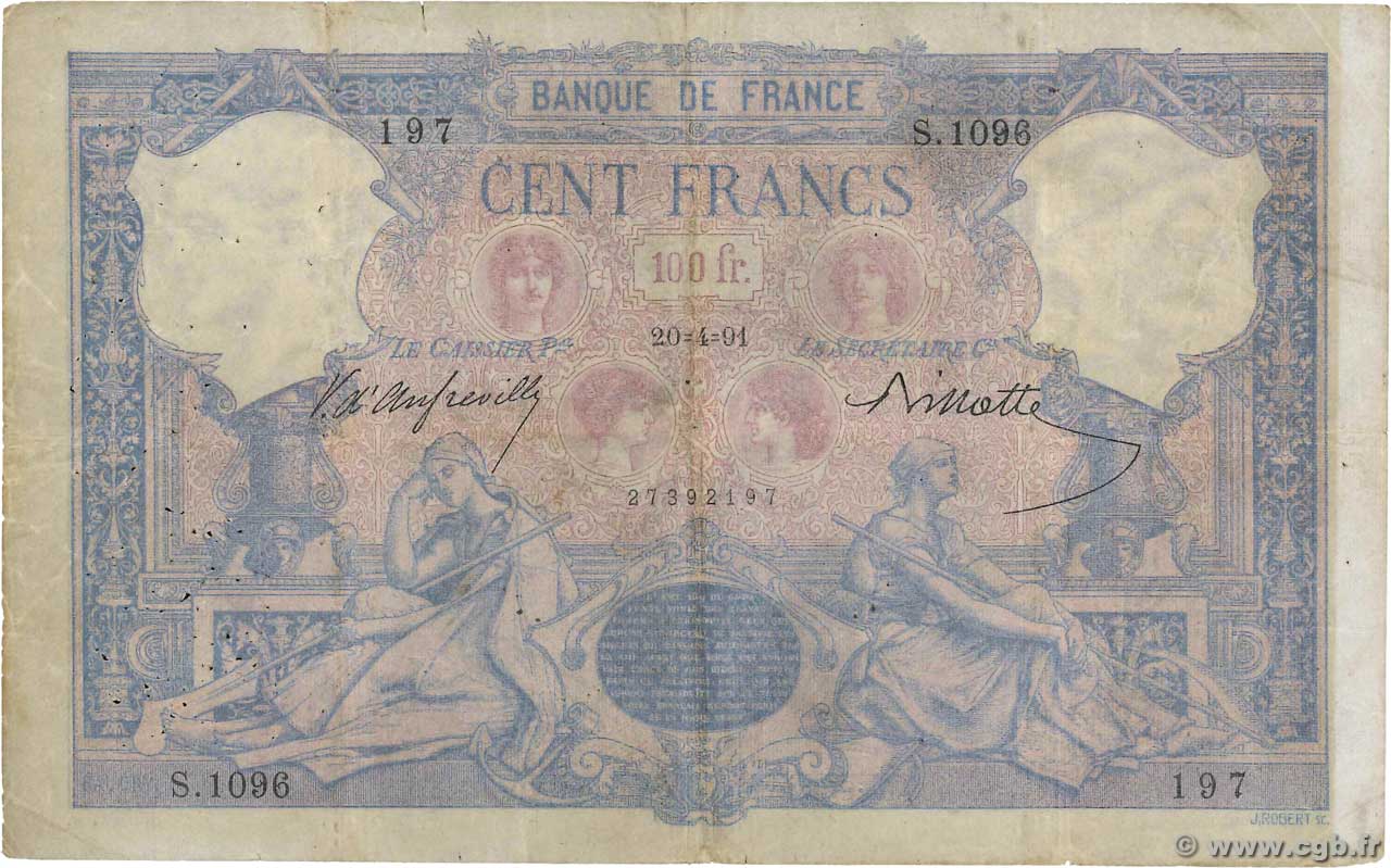 100 Francs BLEU ET ROSE FRANCE  1891 F.21.04 VG