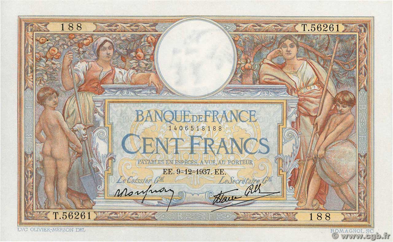 100 Francs LUC OLIVIER MERSON type modifié FRANCIA  1937 F.25.05 q.AU