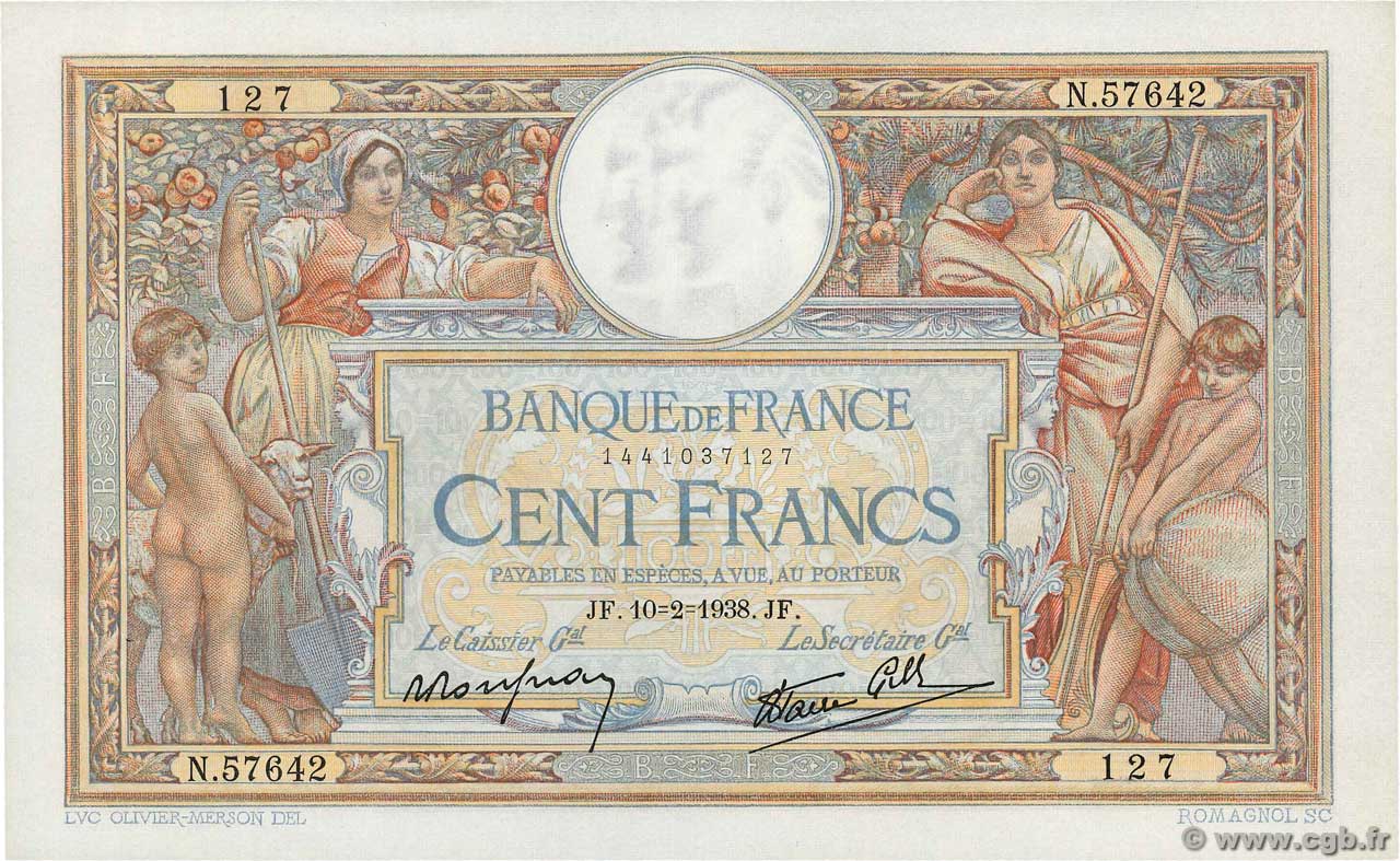 100 Francs LUC OLIVIER MERSON type modifié FRANKREICH  1938 F.25.10 fST