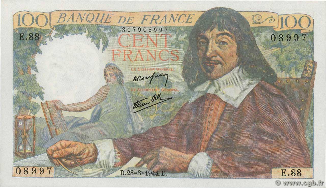 100 Francs DESCARTES FRANCE  1944 F.27.05 UNC-