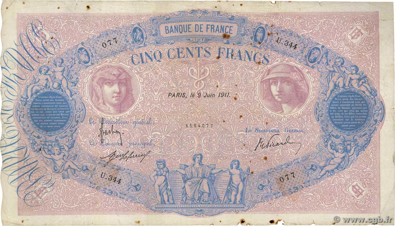 500 Francs BLEU ET ROSE FRANKREICH  1911 F.30.19 fS
