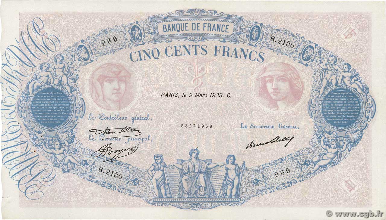 500 Francs BLEU ET ROSE FRANCE  1933 F.30.36 VF+