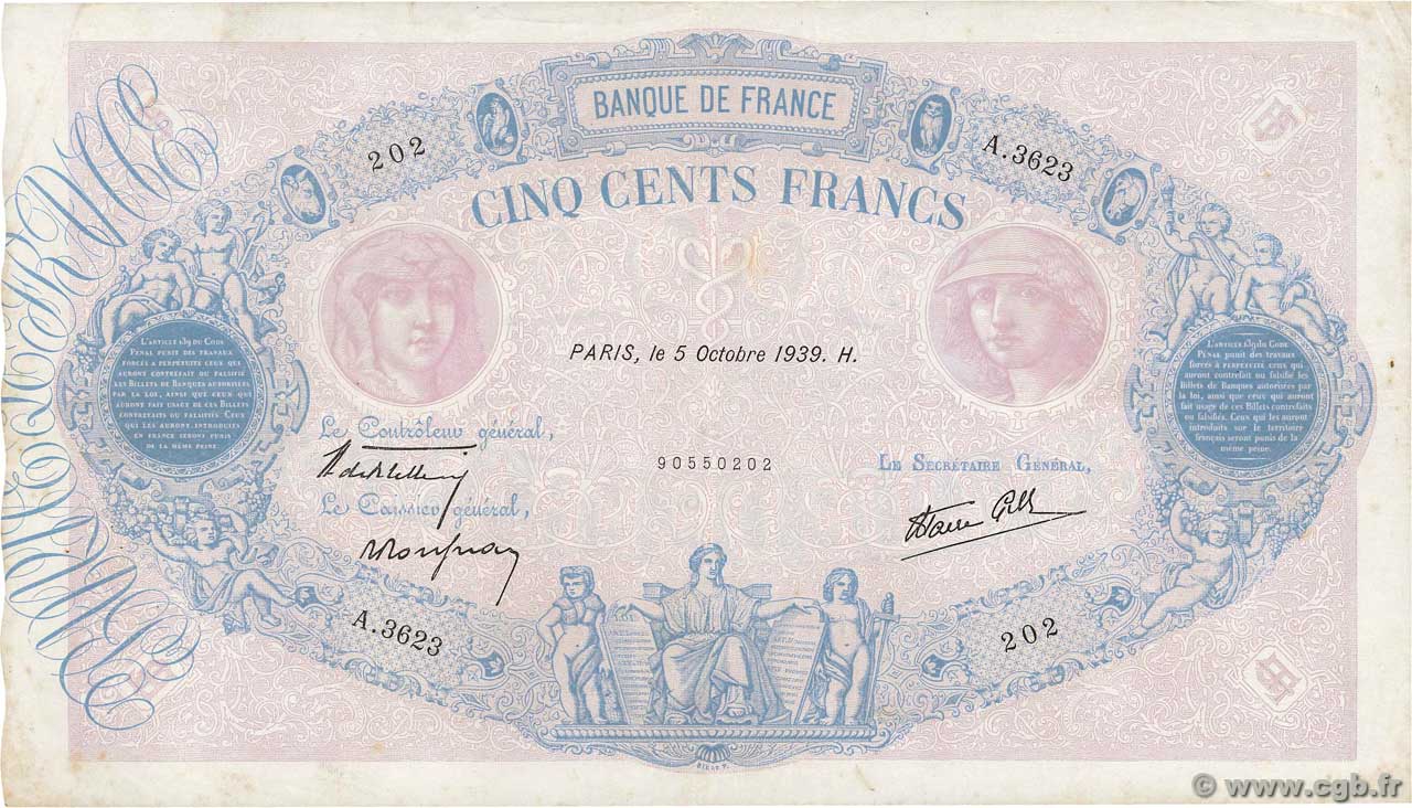 500 Francs BLEU ET ROSE modifié FRANKREICH  1939 F.31.42 SS
