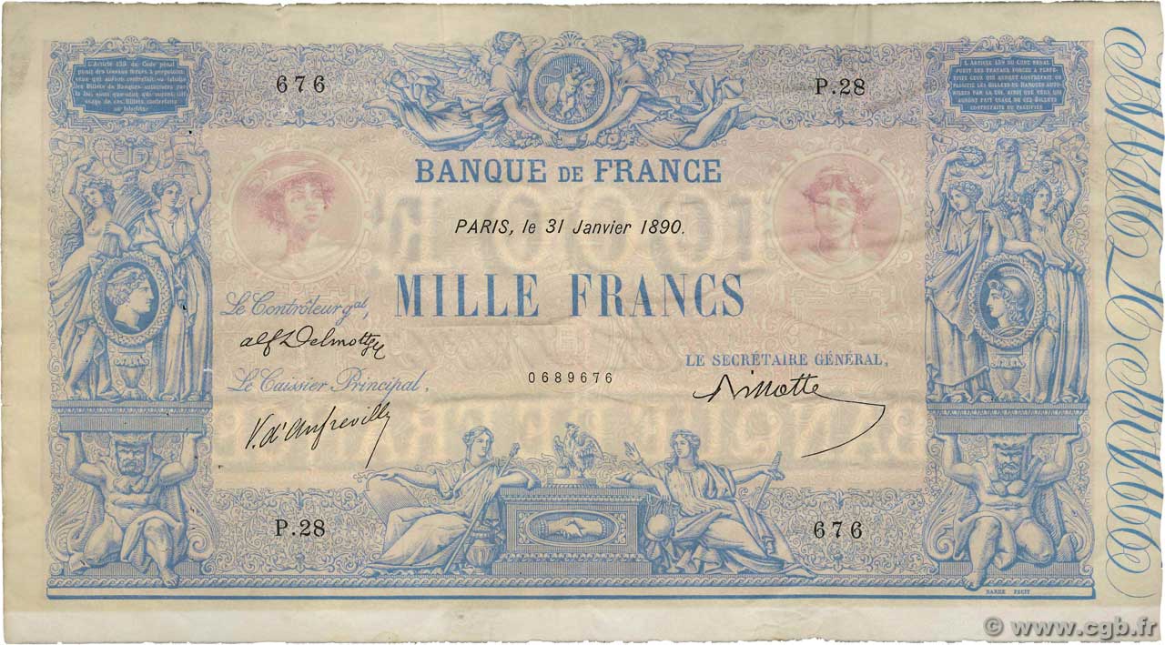 1000 Francs BLEU ET ROSE Petit numéro FRANCE  1890 F.36.02 VF-