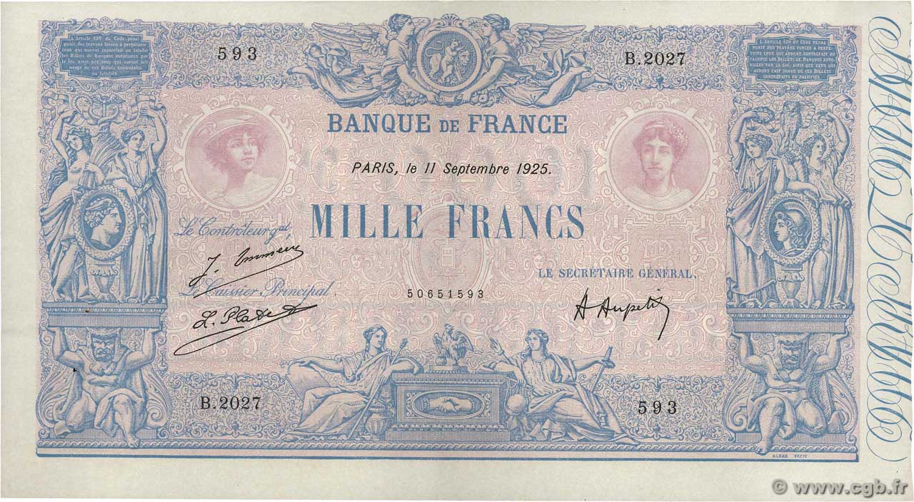 1000 Francs BLEU ET ROSE FRANKREICH  1925 F.36.41 VZ+