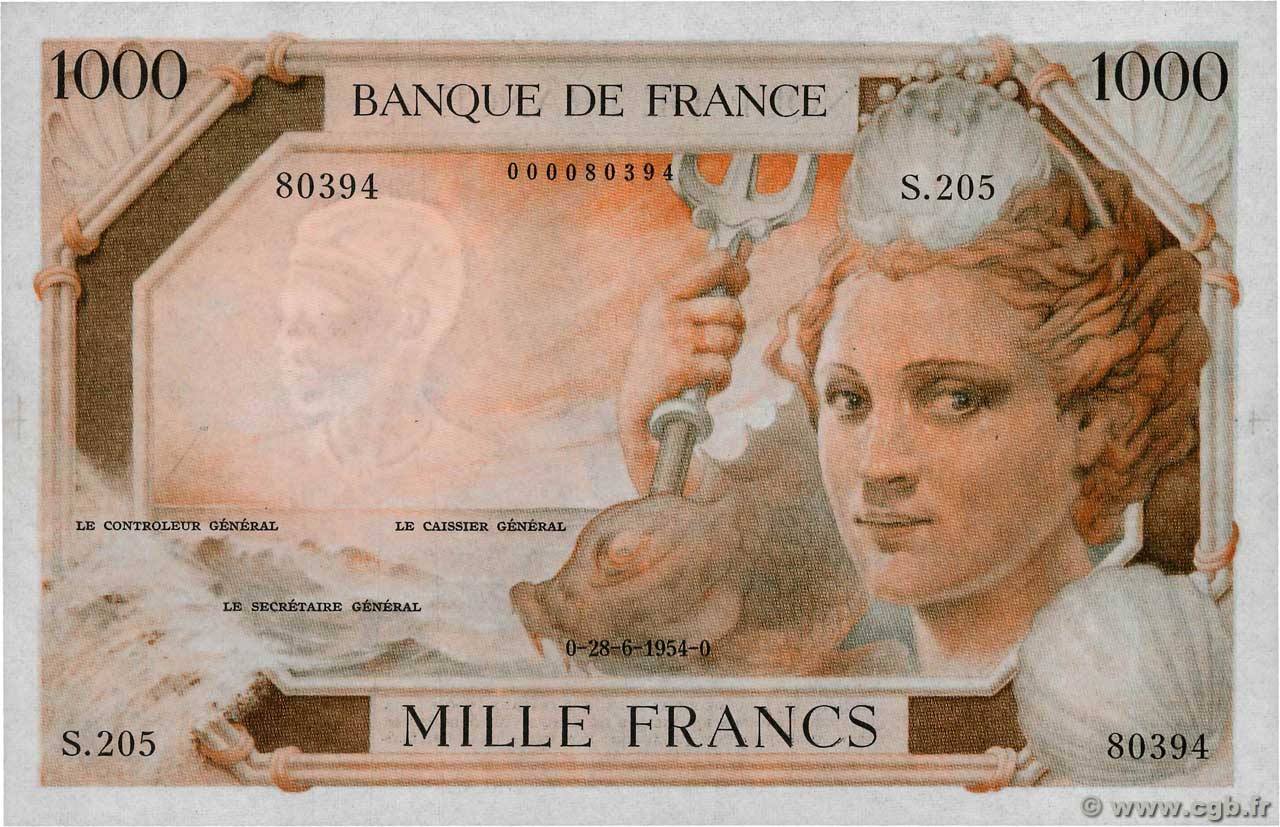 1000 Francs AMPHITRITE type 1954 Non émis FRANCIA  1954 NE.1954.03a FDC