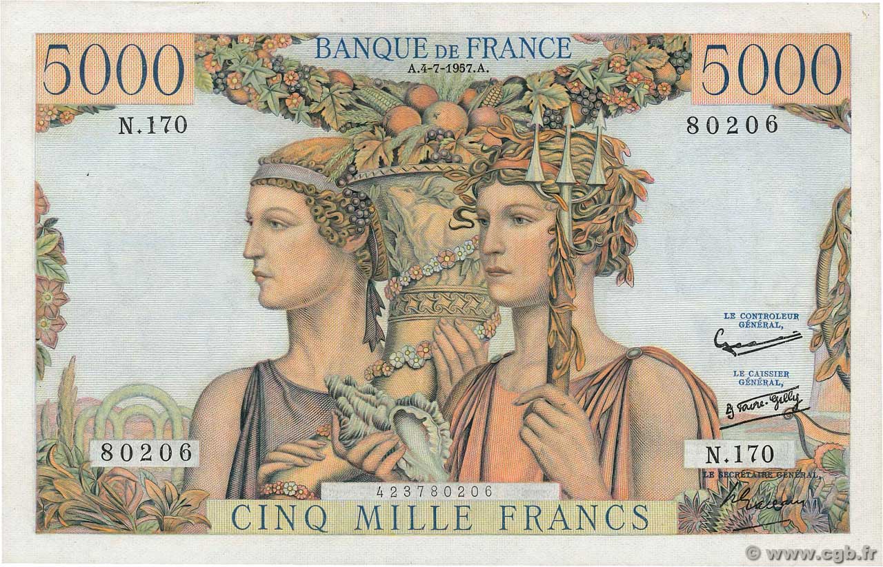 5000 Francs TERRE ET MER FRANKREICH  1957 F.48.16 VZ