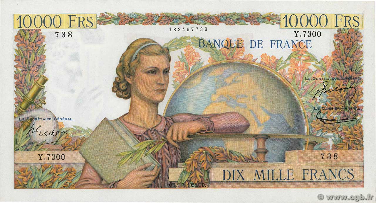 10000 Francs GÉNIE FRANÇAIS FRANCE  1954 F.50.71 AU-