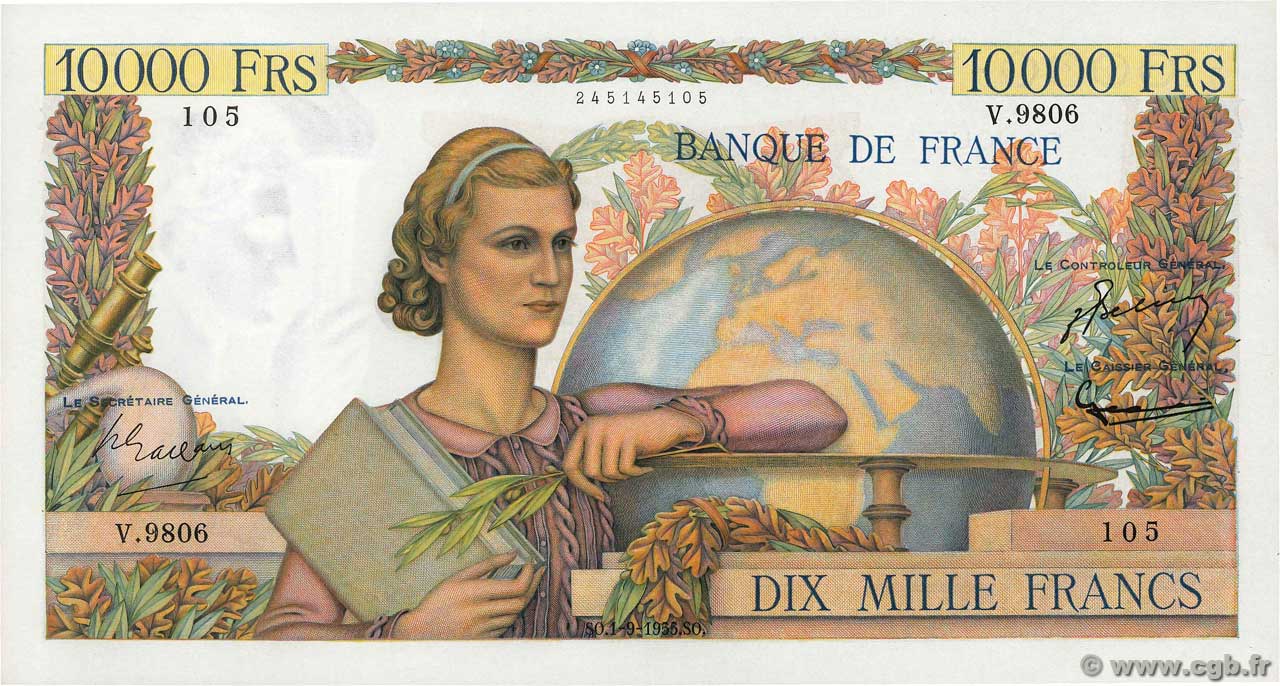 10000 Francs GÉNIE FRANÇAIS FRANKREICH  1955 F.50.76 VZ+