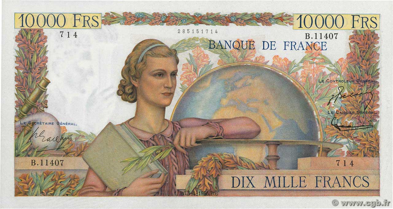 10000 Francs GÉNIE FRANÇAIS FRANCE  1956 F.50.80 XF+