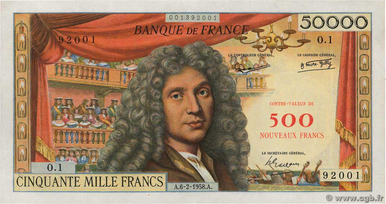 500 NF sur 50000 Francs MOLIÈRE type 1957 FRANCE  1958 NE.1957.02b AU-