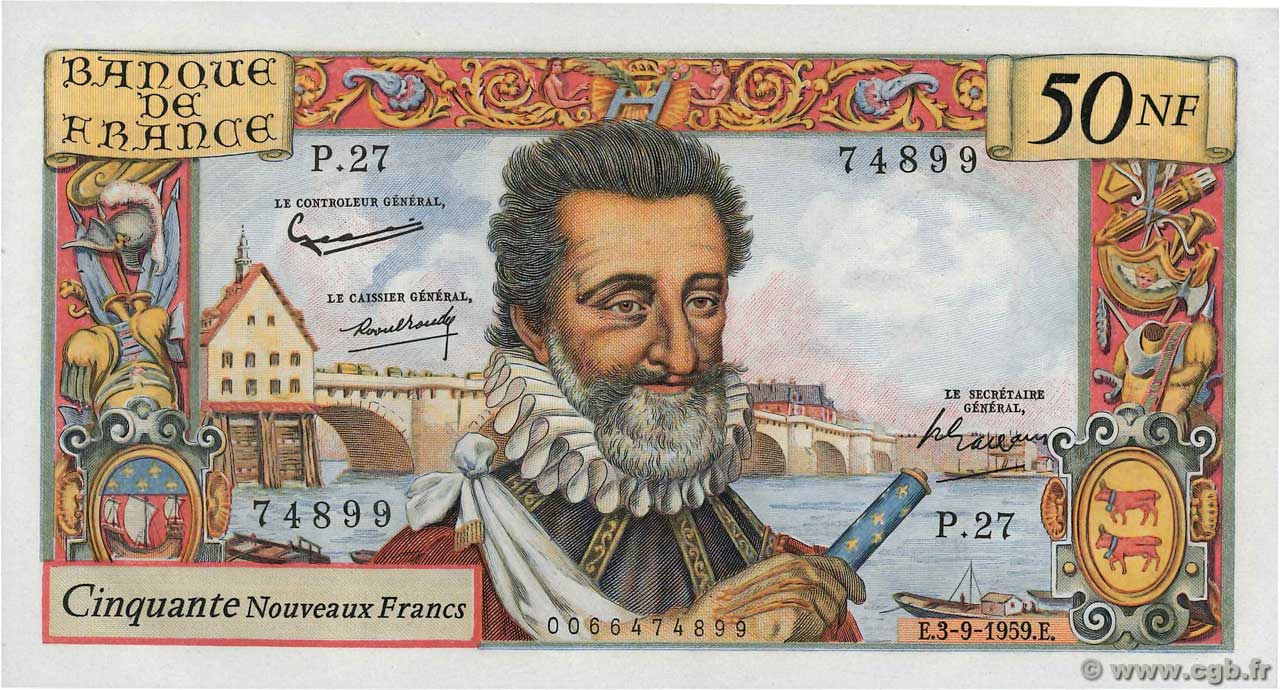 50 Nouveaux Francs HENRI IV FRANCE  1959 F.58.03 AU-