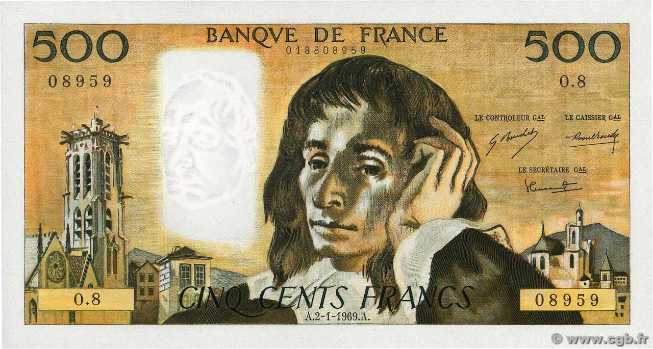 500 Francs PASCAL FRANCE  1969 F.71.03 AU