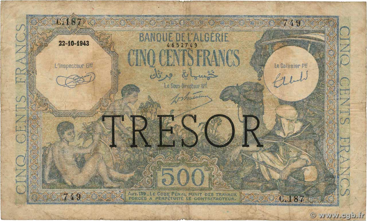 500 Francs ALGÉRIE FRANKREICH  1943 VF.09.01 fS