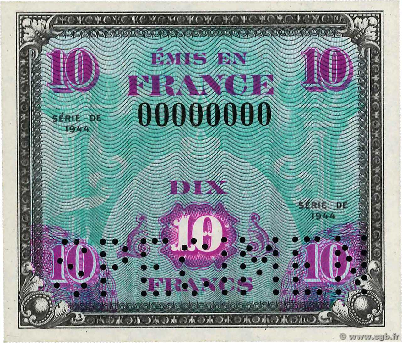 10 Francs DRAPEAU Spécimen FRANKREICH  1944 VF.18.00Sp fST+