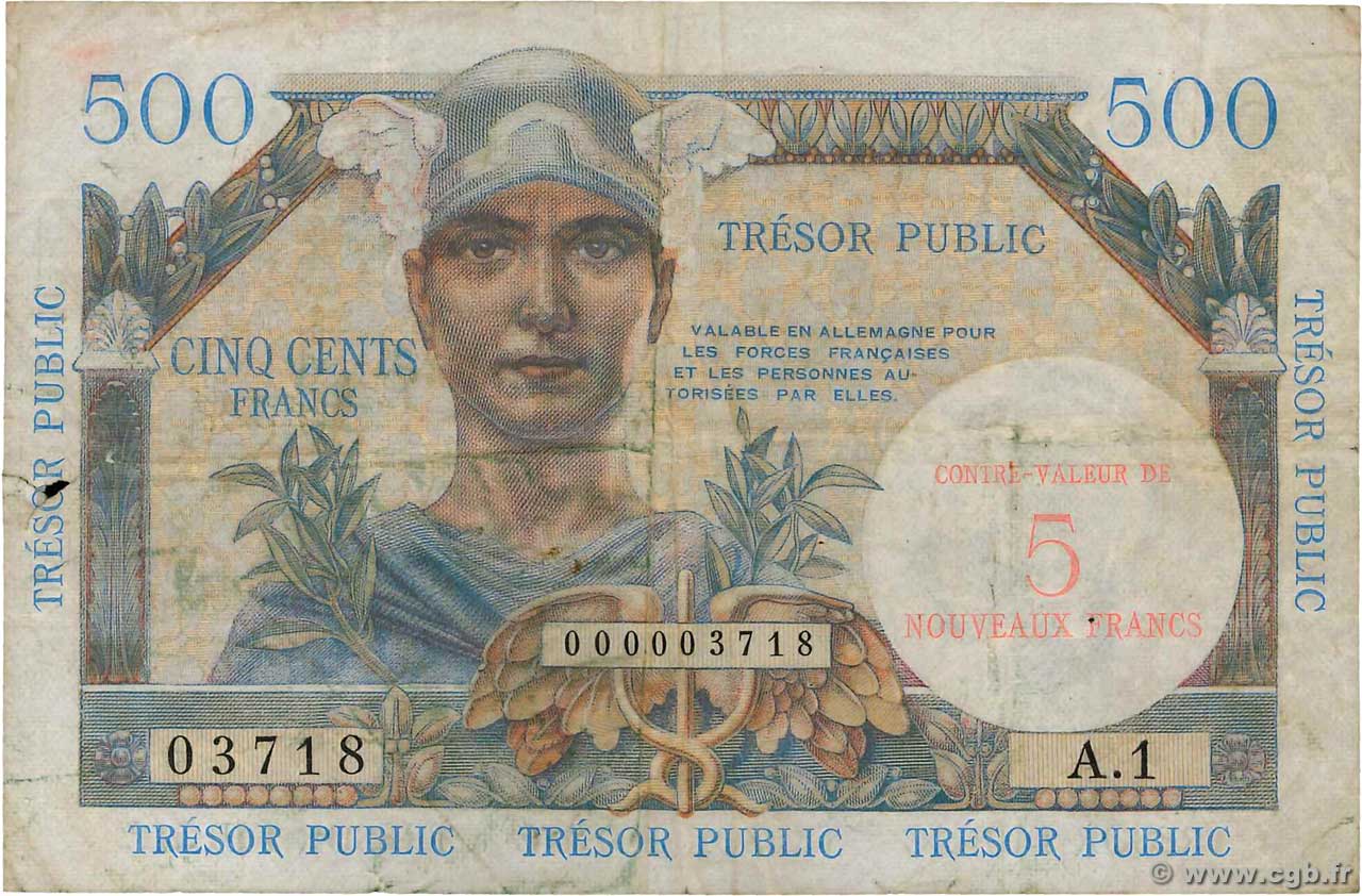 5NF sur 500 Francs TRÉSOR PUBLIC FRANKREICH  1960 VF.37.01 fS