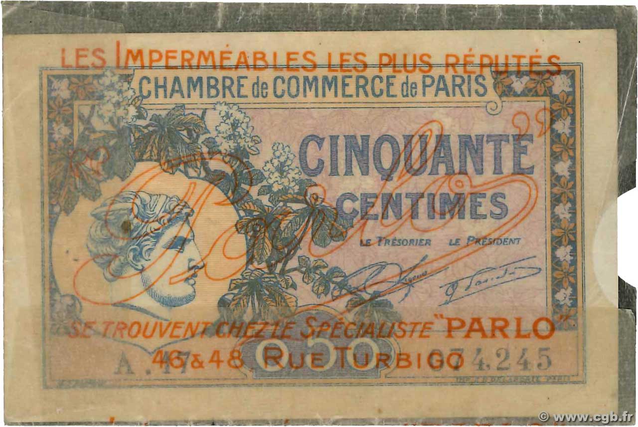 50 Centimes Publicitaire FRANCE regionalism and miscellaneous Paris 1920 JP.097.31 VF