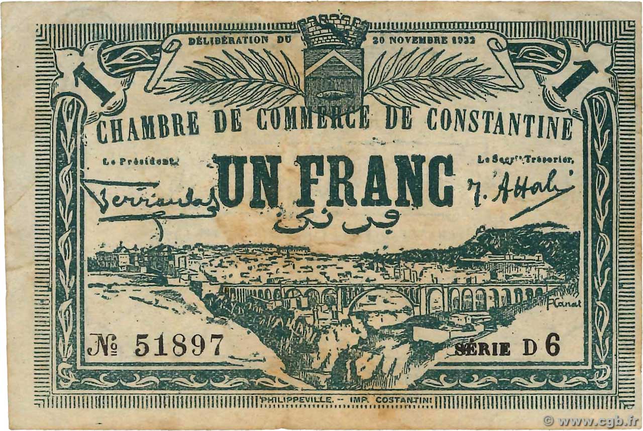 1 Franc FRANCE regionalism and miscellaneous Constantine 1922 JP.140.43 VF