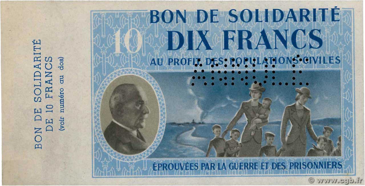 10 Francs BON DE SOLIDARITÉ Annulé FRANCE Regionalismus und verschiedenen  1941 KL.07As fST