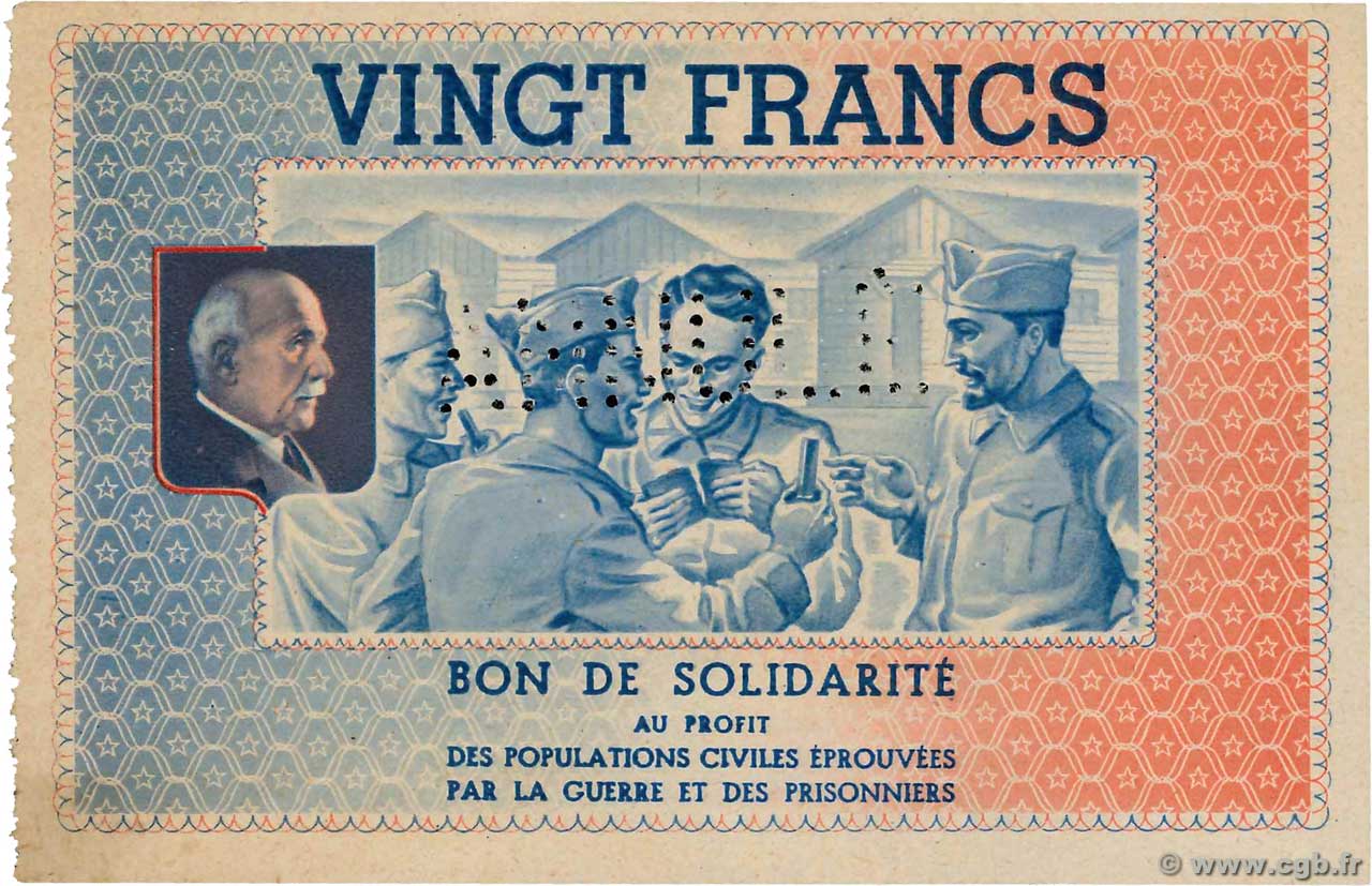 20 Francs BON DE SOLIDARITÉ Annulé FRANCE regionalism and various  1941 KL.08As AU