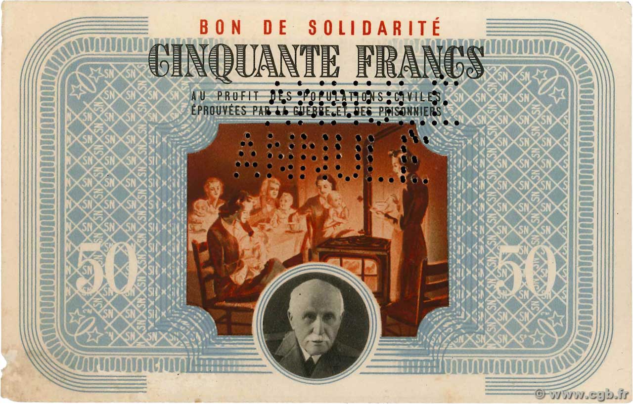 50 Francs BON DE SOLIDARITÉ Annulé FRANCE Regionalismus und verschiedenen  1941 KL.09As VZ