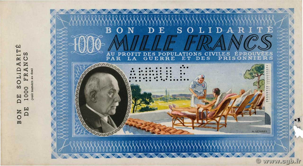 1000 Francs BON DE SOLIDARITÉ Annulé FRANCE Regionalismus und verschiedenen  1941 KL.12As VZ