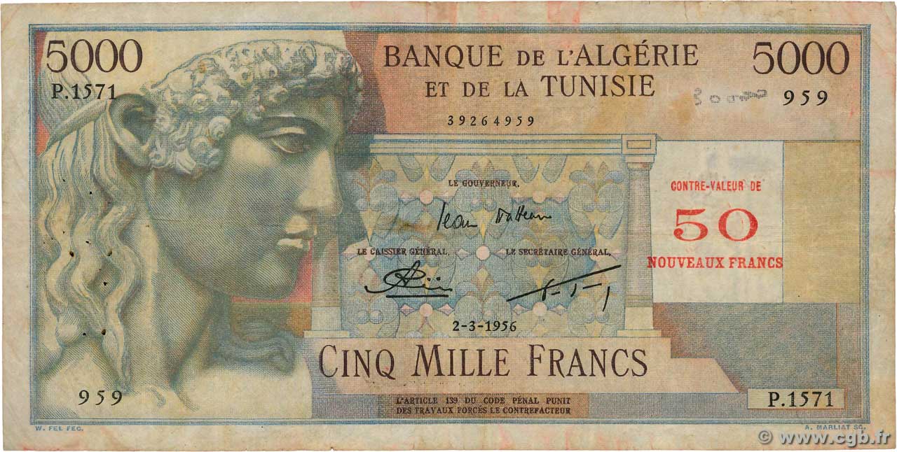 50 NF sur 5000 Francs ALGÉRIE  1956 P.113 pr.TB