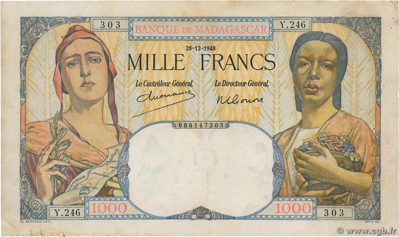 1000 Francs MADAGASCAR  1948 P.041 MBC
