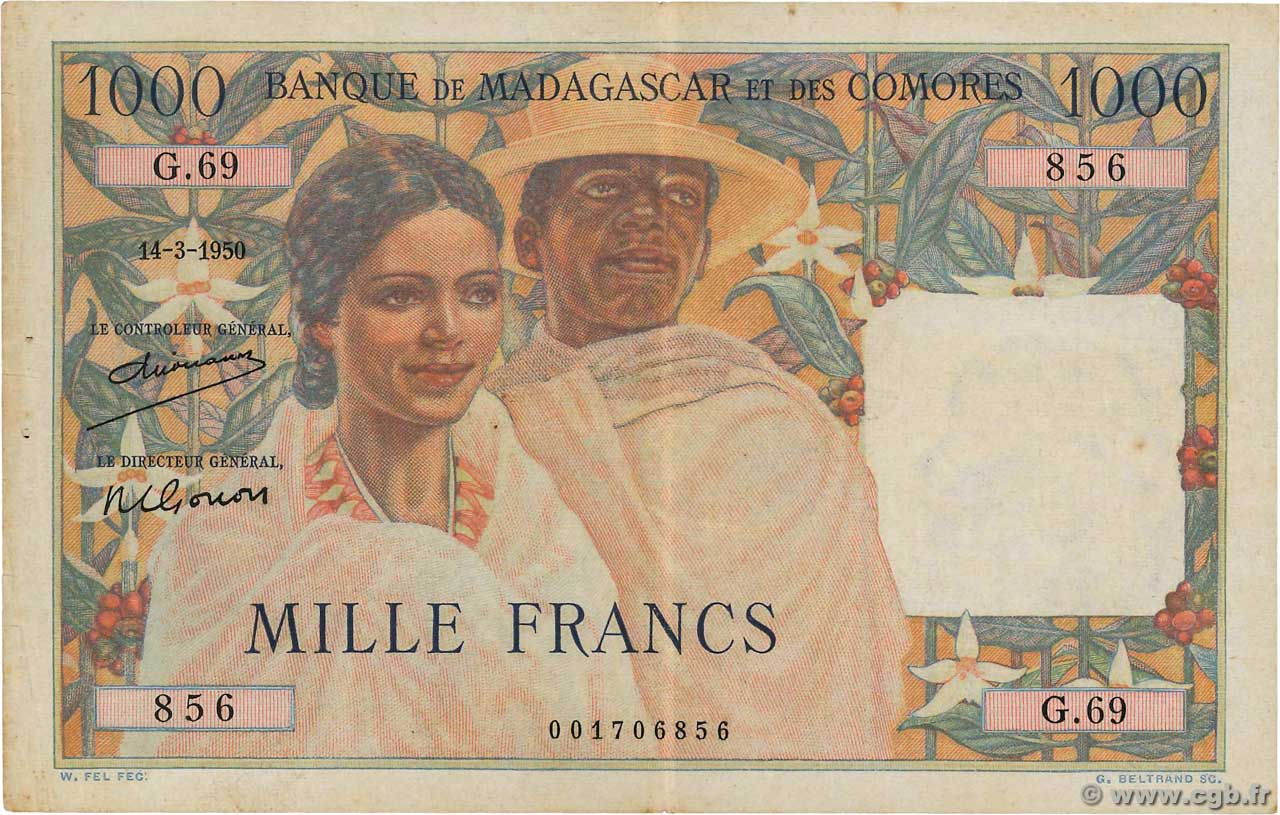 1000 Francs MADAGASCAR  1950 P.048a VF