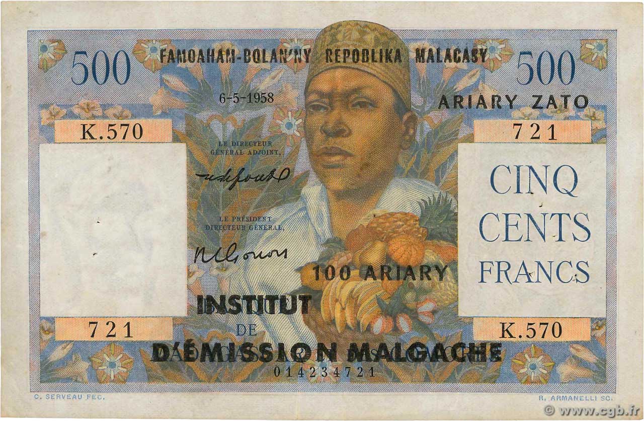500 Francs - 100 Ariary MADAGASCAR  1958 P.053 VF