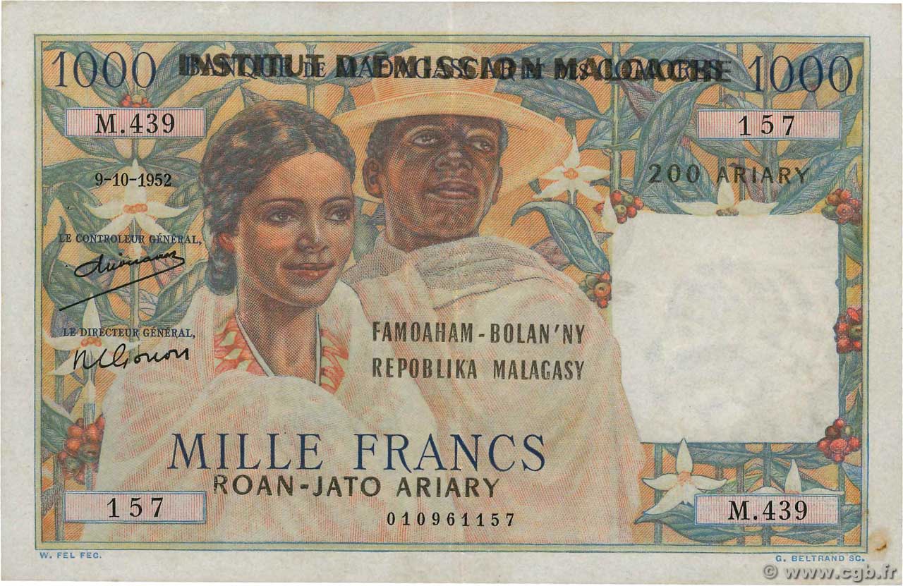 1000 Francs - 200 Ariary MADAGASCAR  1952 P.054 MBC+