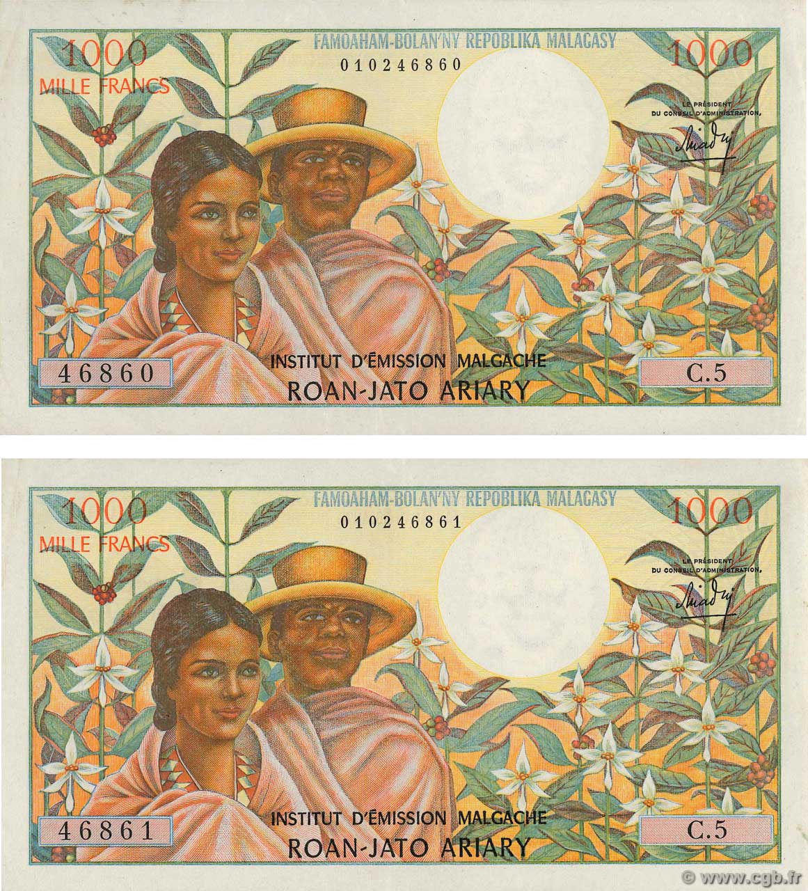 1000 Francs - 200 Ariary Consécutifs MADAGASCAR  1966 P.059a EBC+