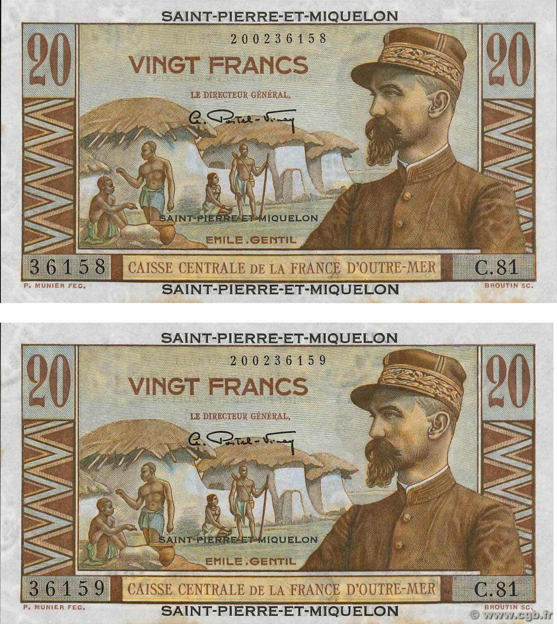 20 Francs Émile Gentil Consécutifs SAINT PIERRE E MIQUELON  1946 P.24 q.FDC
