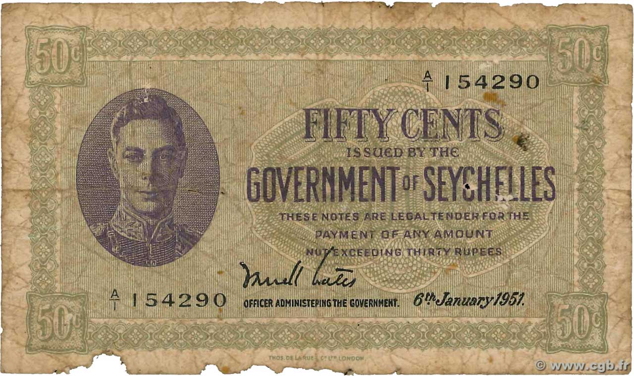 50 Cents SEYCHELLES  1951 P.06c MC