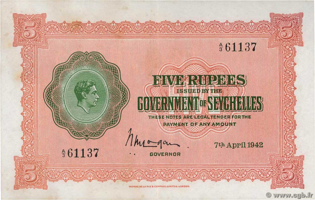 5 Rupees SEYCHELLES  1942 P.08 SPL