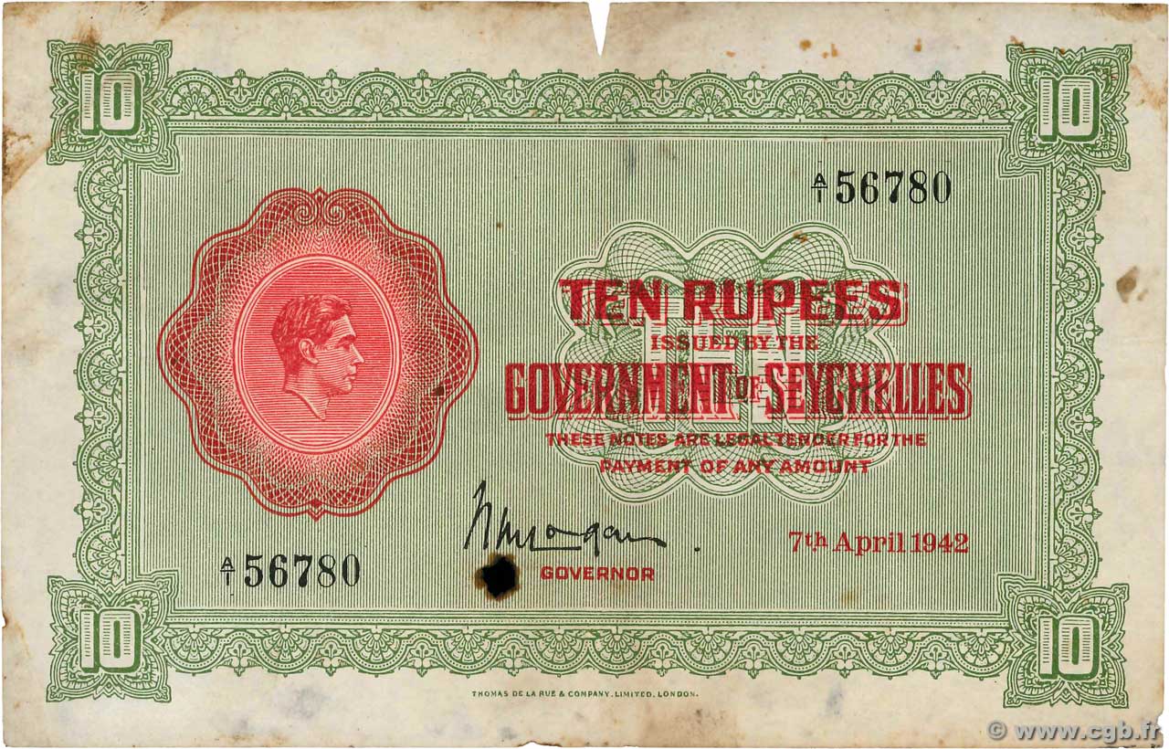 10 Rupees SEYCHELLES  1942 P.09 RC+