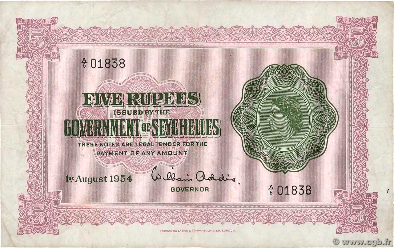 5 Rupees SEYCHELLES  1954 P.11a VF