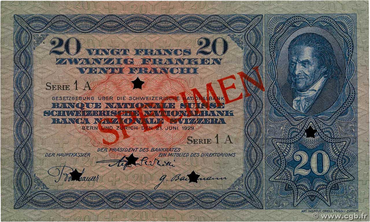 20 Francs Spécimen SUISSE  1929 P.39s1 fST