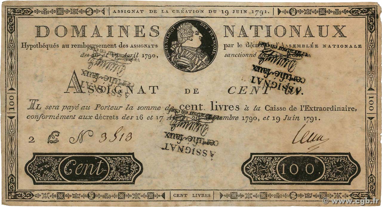 100 Livres Faux FRANCE  1791 Ass.15b VF-