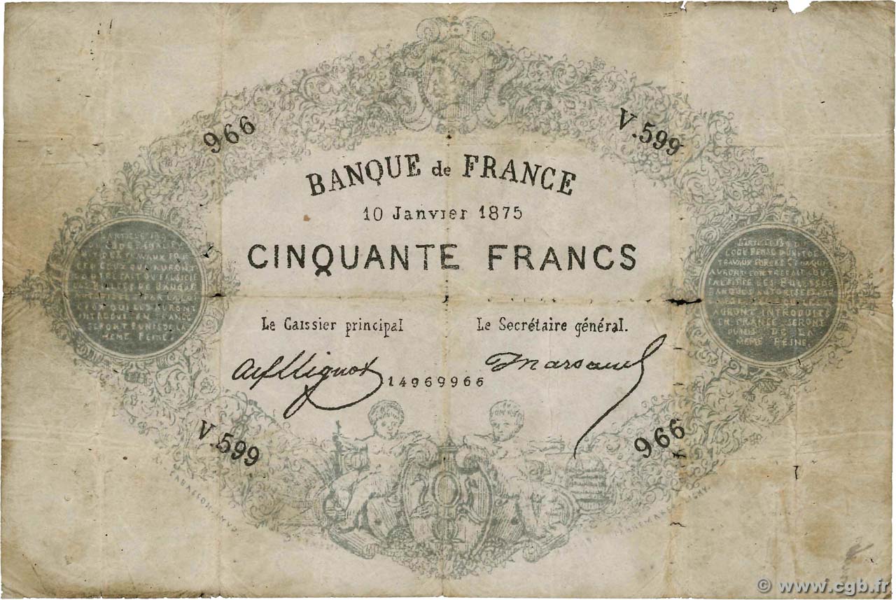 50 Francs type 1868 Indices Noirs Faux FRANKREICH  1875 F.A38.09 SGE