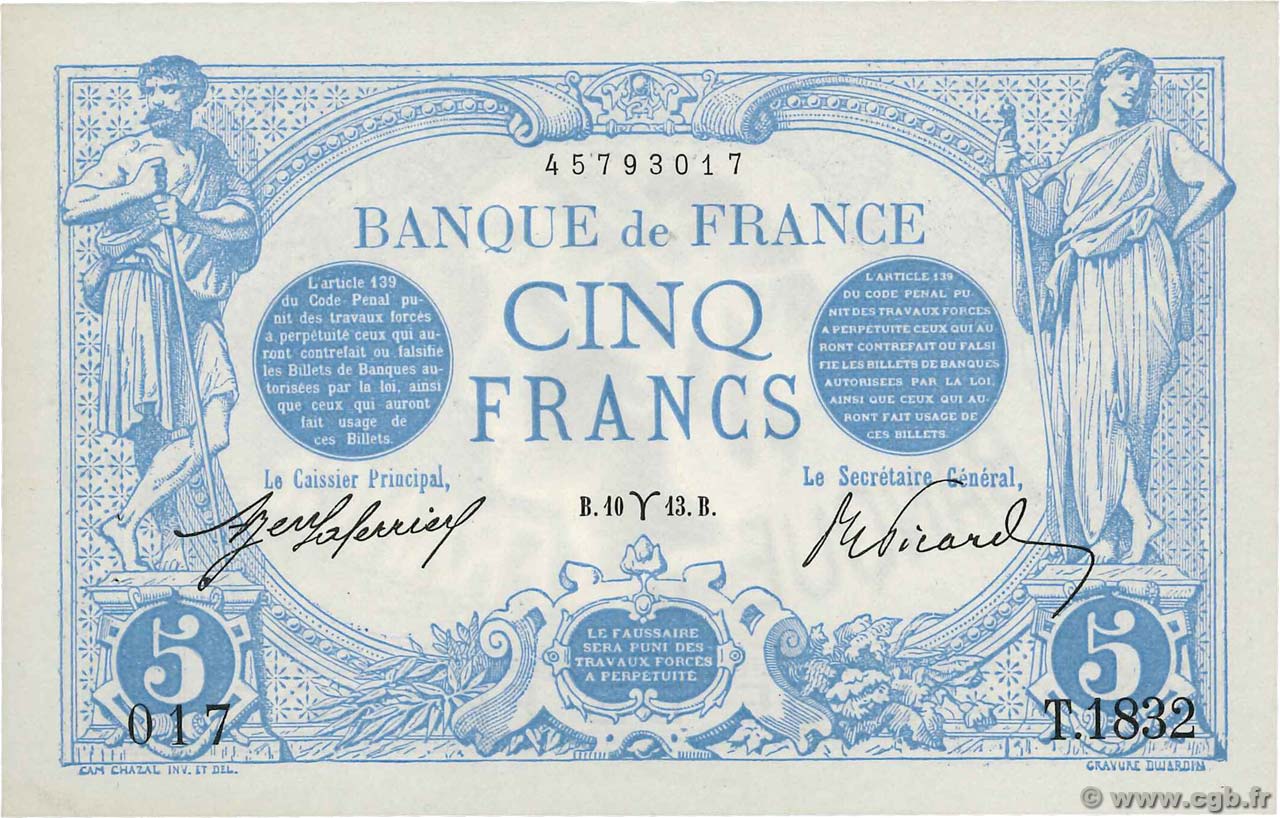 5 Francs BLEU FRANCIA  1913 F.02.15 AU