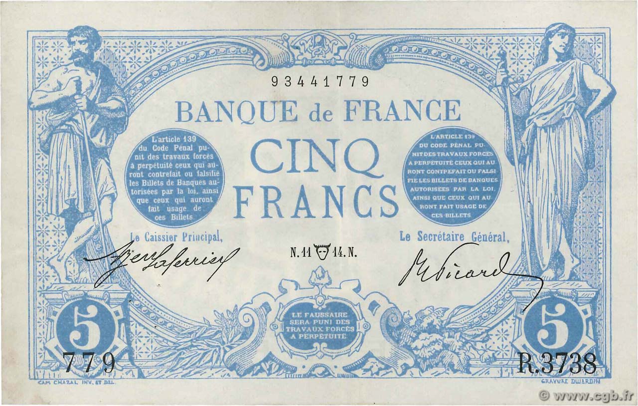 5 Francs BLEU FRANKREICH  1914 F.02.22 fVZ
