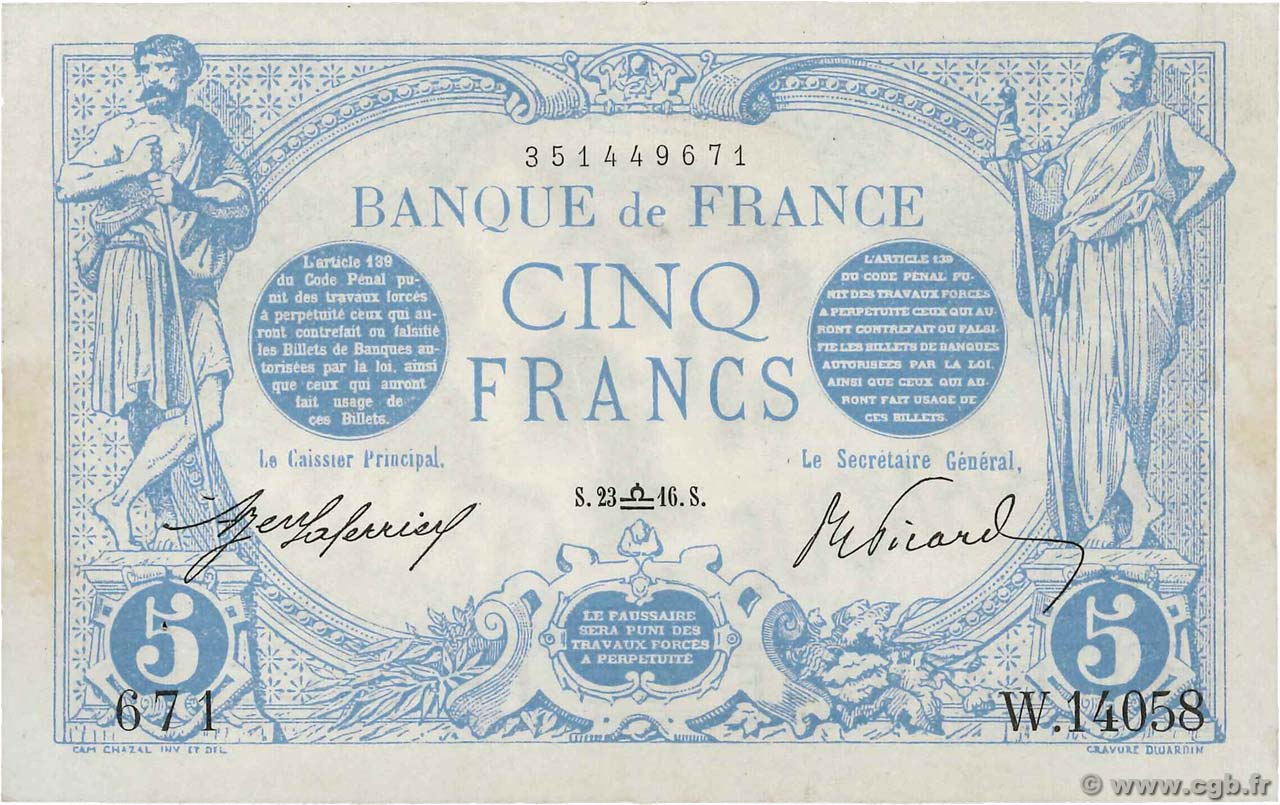 5 Francs BLEU FRANCIA  1916 F.02.43 q.SPL