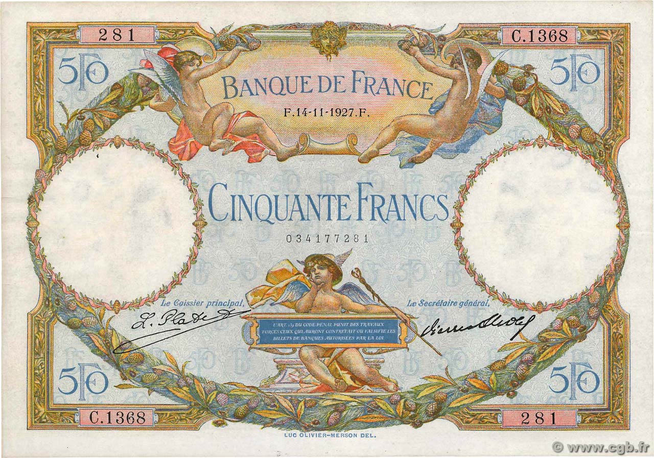 50 Francs LUC OLIVIER MERSON FRANCE  1927 F.15.01 VF