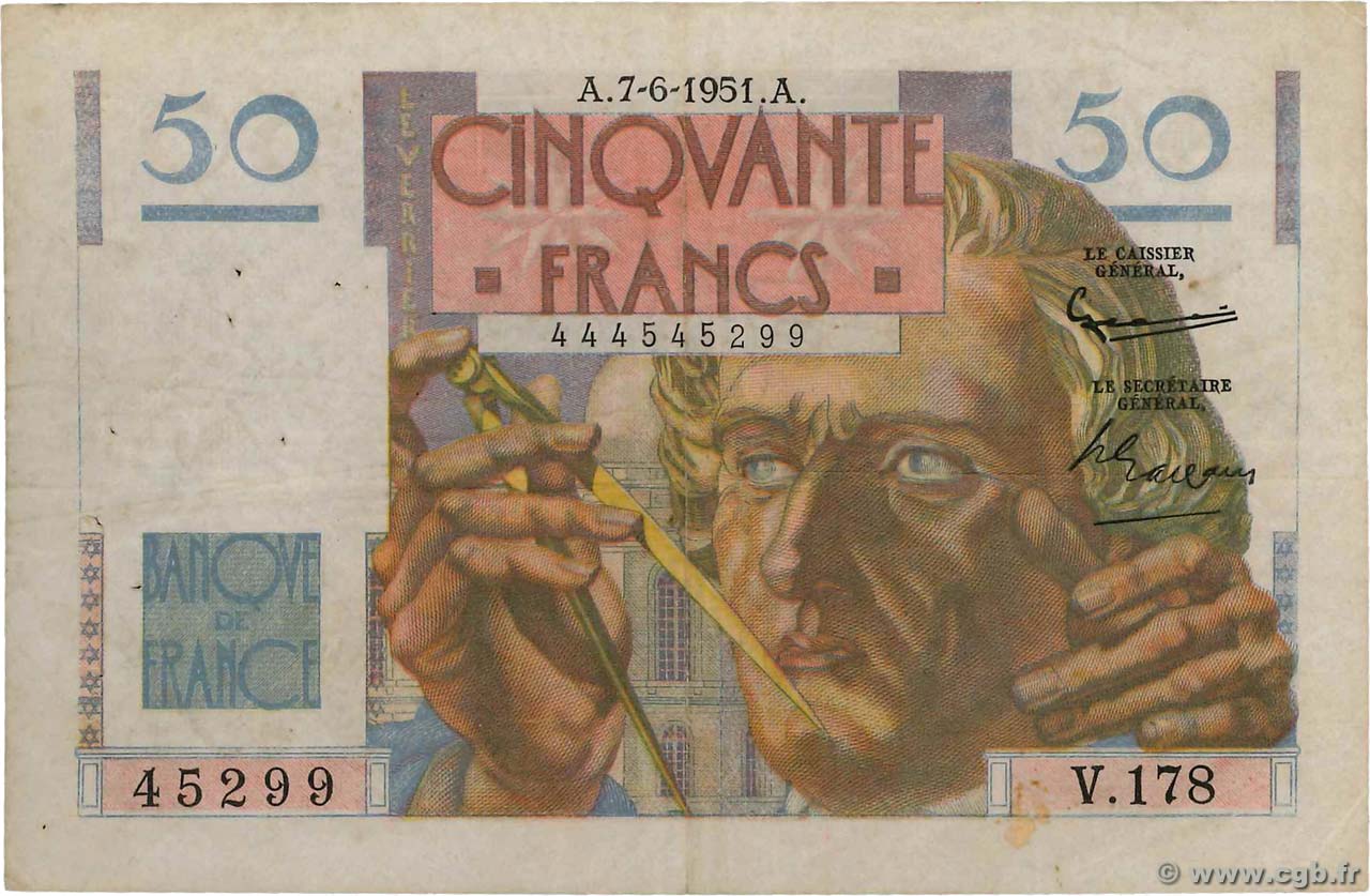 50 Francs LE VERRIER FRANCE  1951 F.20.18 VF-